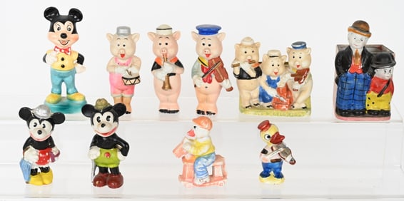 MICKEY MOUSE, THREE PIGS BISQUE FIGURES & MORE