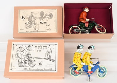 2- GERMAN TIN WINDUP MOTORCYCLE TOYS w/ BOXES