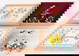 2- GERMAN TIN WINDUP MOTORCYCLE TOYS w/ BOXES: Nice pair of Contemporary German tin windup Motocycles. Includes original boxes. 8" Excellent-Near Mint