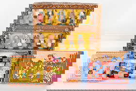 3- VINTAGE TOYS w/ BOXES: Lot includes Pre-War Japan bisque Three Little Kittens set, Ohio Art tin Tea Set and Marx Bavarian Figures. All in nice condition with the original boxes. Largest box is 10" by 8" Excellent