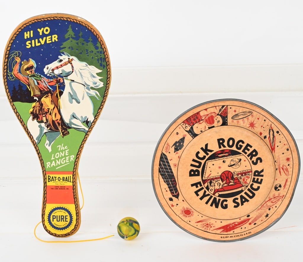 BUCK ROGERS FLYING SAUCER & LONE RANGER PURE OIL: Lot includes a scarce 6" diameter Buck Rogers cardboard Flying Saucer, along with a 1939 9 3/4" Pure Oil Gas Advertising Premium Lone Ranger Bat a Ball. Excellent