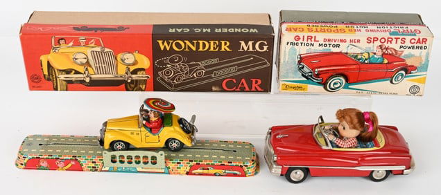 JAPAN TIN WONDER MG & GIRL SPORTS CAR w/ BOXES