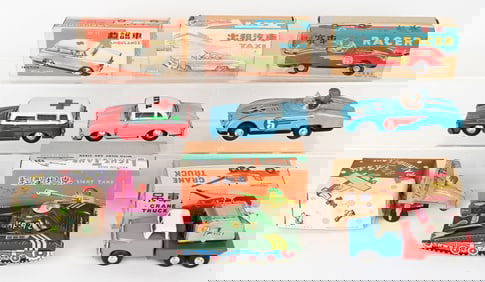 6- RED CHINA TIN TRANSPORTATION TOYS w/ BOX