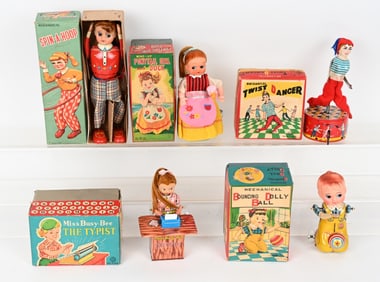 5- JAPAN WINDUP GIRL TOYS w/ BOXES