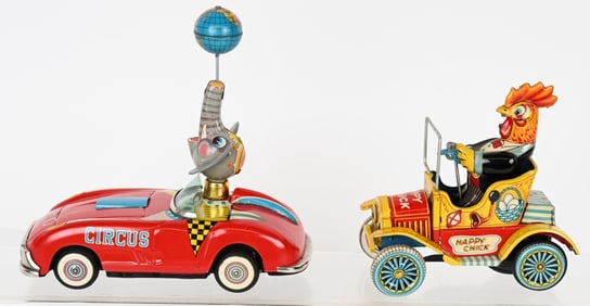 JAPAN TIN FRICTION CIRCUS CAR & HAPPY CHICK CAR