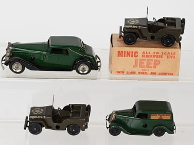 4- MINIC TIN WINDUP VEHCICLES, 1 BOXED