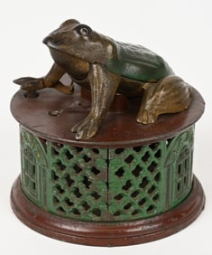 J&E STEVENS FROG ON LATTICE MECHANICAL BANK