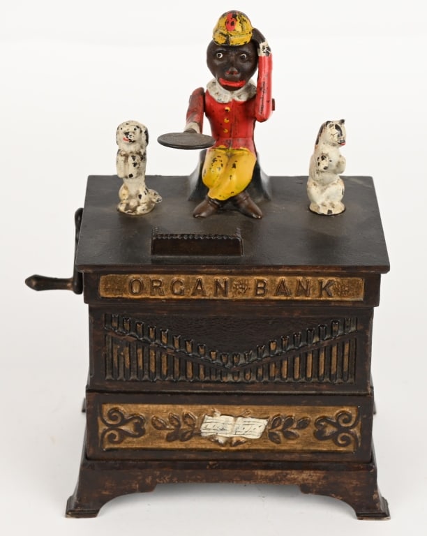 KYSER & REX ORGAN CAT / DOG MECHANICAL BANK: Organ cast iron mechanical bank with cat and dog. Nice original paint. Has hairline in middle of base running from edge toward the screw and a minor hole on right end panel. 8" Very Good-Excellent