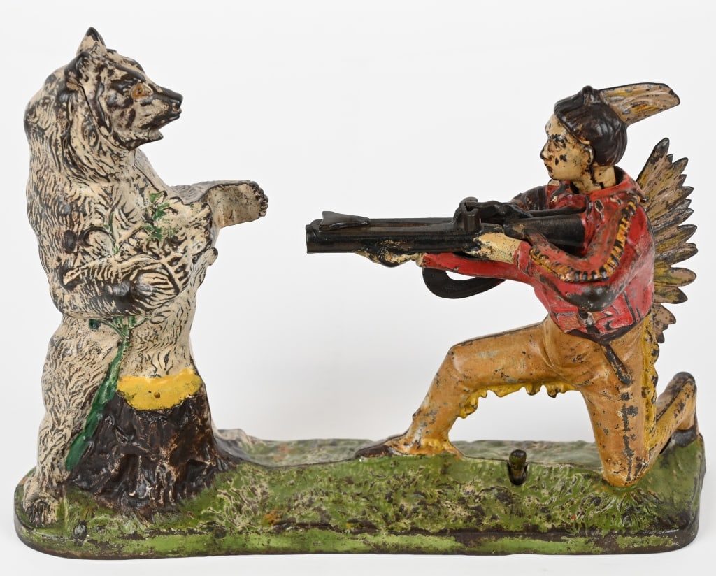 J&E STEVENS INDIAN SHOOTING BEAR MECHANICAL BANK (1 of 5)
