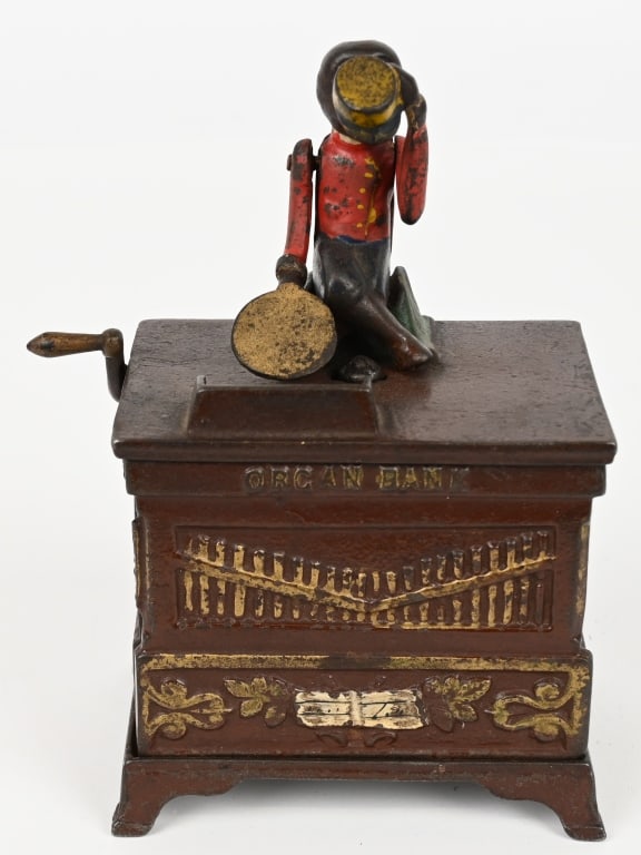 KYSER & REX ORGAN MECHANICAL BANK , MEDIUM: Organ cast iron mechanical bank. Complete and original with original trap. No cracks or repairs. Nice paint. 6" Very Good-Excellent