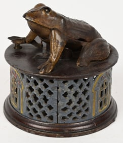 J&E STEVENS FROG ON LATTICE MECHANICAL BANK