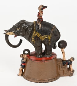 J&E STEVENS ELEPHANT & 3 CLOWNS MECHANICAL BANK