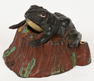 J&E STEVENS TOAD ON STUMP MECHANICAL BANK