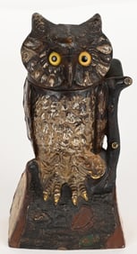 J&E STEVENS CAST IRON OWL MECHANICAL BANK