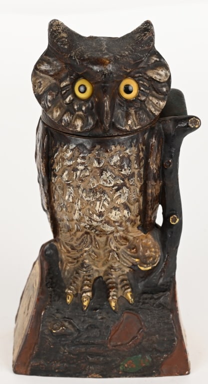 J&E STEVENS CAST IRON OWL MECHANICAL BANK (1 of 5)