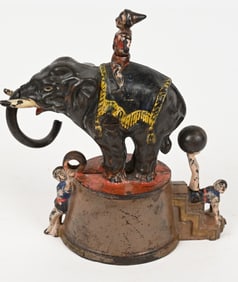 J&E STEVENS ELEPHANT & 3 CLOWNS MECHANICAL BANK