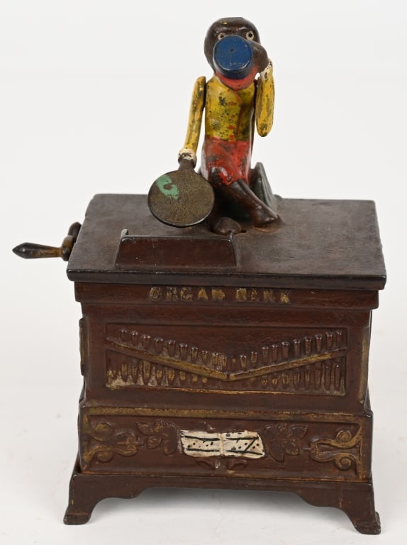 KYSER & REX ORGAN MECHANICAL BANK, MEDIUM: Organ cast iron mechanical bank. Nice original with replaced trap. No cracks or repairs. Nice paint. 6" Very Good-Excellent FROM THE COLLECTION OF ED STEINBERGER