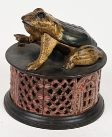 J&E STEVENS FROG ON LATTICE MECHANICAL BANK