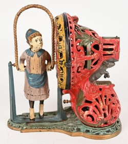 J&E STEVENS GIRL SKIPPING ROPE MECHANICAL BANK