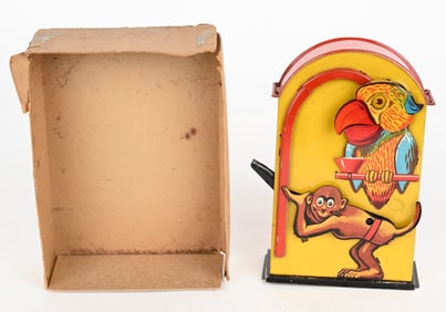 MONKEY & PARROT GERMAN TIN MECHANICAL BANK W/ BOX