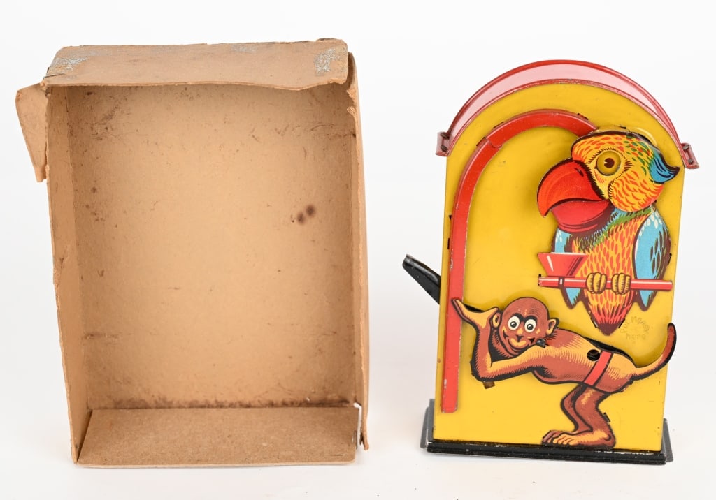MONKEY & PARROT GERMAN TIN MECHANICAL BANK W/ BOX (1 of 8)