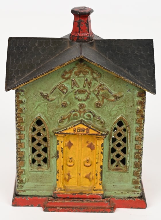 KYSER & REX 1882 VILLA STILL BANK: Kyser-Rex cast iron Villa still bank. Nice original paint. Underside of roof painted yellow. Patina matches and we believe it is factory. 6" Excellent