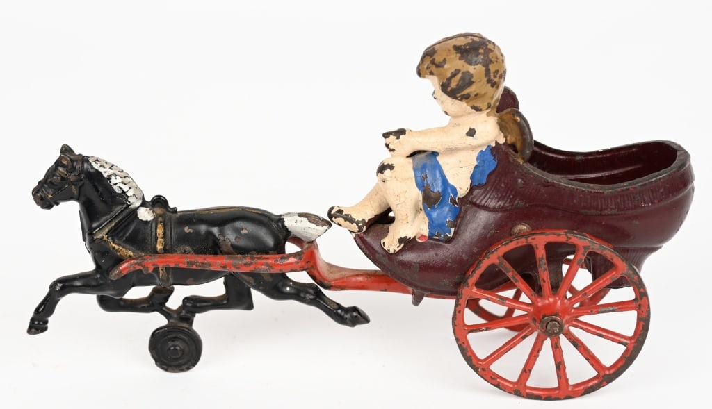 KENTON HORSE DRAWN CHERUB CART: Kenton cast iron Horse Drawn Cherub cart. All original, but has repair to right trace. 8 1/2" Very God