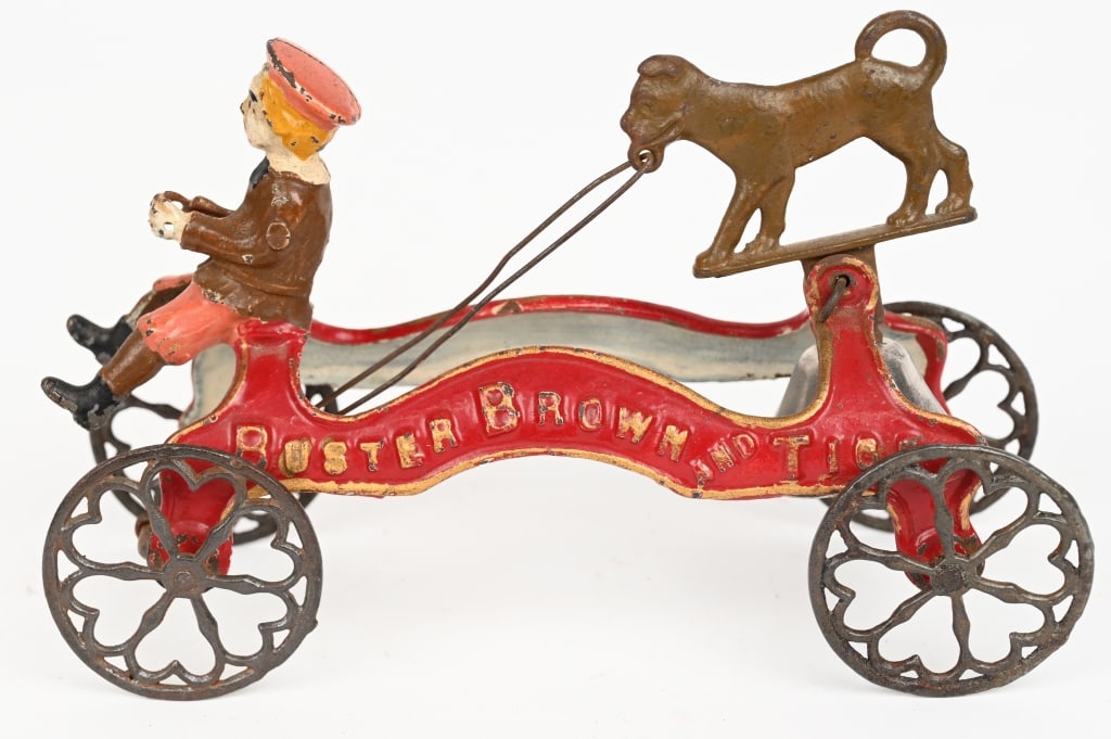 N.N. HILL BUSTER BROWN & TIGE BELL TOY: Superb all original Buster Brown & Tige bell toy. Very strong original paint. No cracks or repairs. 7 1/2" Excellent-Near Mint