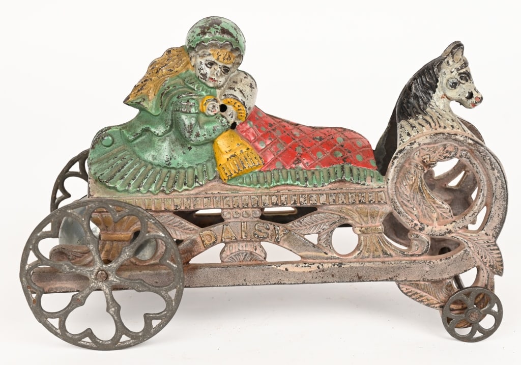 GONG BELL DAISY BELL TOY: Cast iron Daisy Bell toy. Complete and original. Nice paint variation. No cracks or repairs. 8 1/4" Excellent