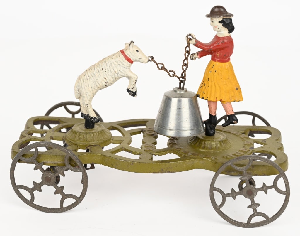 GONG BELL MARY & HER LITTLE LAMB BELL TOY: Pristine cast iron Mary and Her Little Lamb bell toy. All original with no cracks or repairs. Has tiny factory flaw to one ear of lamb. 8" Excelent-Near Mint