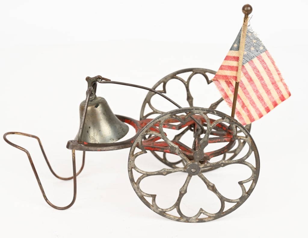 PATRIOTIC CAST IRON BELL TOY w/ CLOTH FLAG (1 of 5)