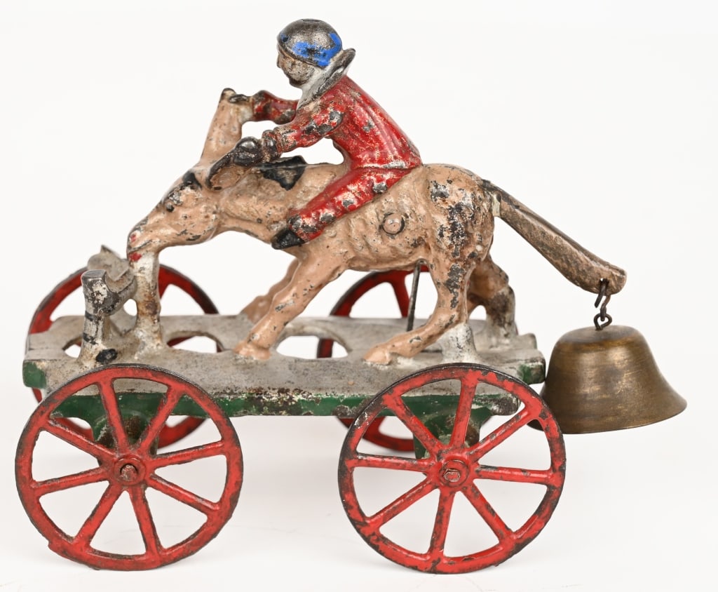 N. N. HILL CAST IRON HEW HAW BELL TOY: All original with nice paint and cast details. No cracks or repairs. 6 1/2" Excellent