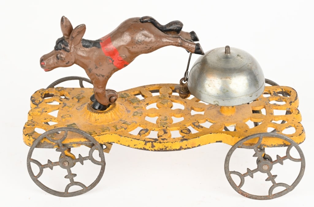 GONG BELL KICKING MULE BELL TOY: Complete and original with nice paint. No cracks or repairs. 7 3/4" Excellent