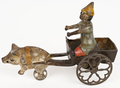 GONG BELL CAST IRON CLOWN & PIG CART BELL TOY