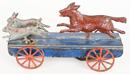 FALLOWS TIN CLOCKWORK DOG & RABBITS TOY
