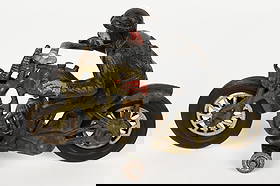 HUBLEY HARLEY DAVIDSON HILL CLIMBER MOTORCYCLE: Hubley cast iron Harley Davidson Hillclimber Motorcycle. All original condition. OD green paint is nice. Has original removable Harley Davidson Driver. The original handle bars have a piece broken off