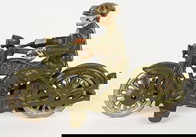 HUBLEY CIVILIAN HARLEY DAVIDSON MOTORCYCLE: Hubley cast iron Civilian Rider Harley Davidson Motorcycle. All original with strong paint. No breaks or repairs. 6" Excellent