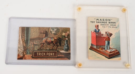 2- ORIGINAL MECHANICAL BANK COLOR TRADE CARDS