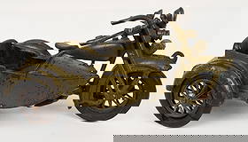 HUBLEY CAST IRON HARLEY DAVIDSON w/ SIDECAR: Large cast iron Hubley Harley Davidson motorcycle. Nice original paint. Has good tank decal and decal on back of side car. No cracks or repairs to cast iron. Missing clicker, Tires have cracks and wea