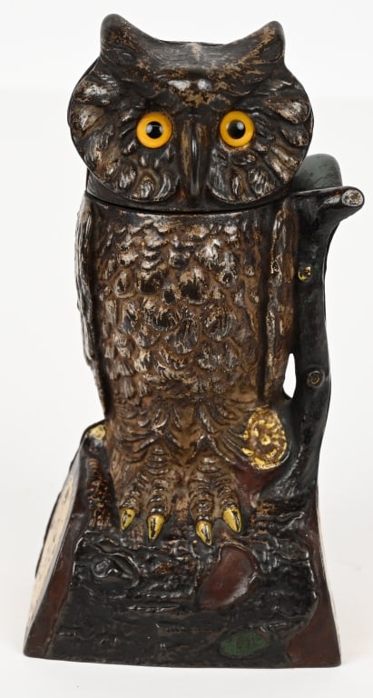 J&E STEVENS CAST IRON OWL MECHANICAL BANK (1 of 5)