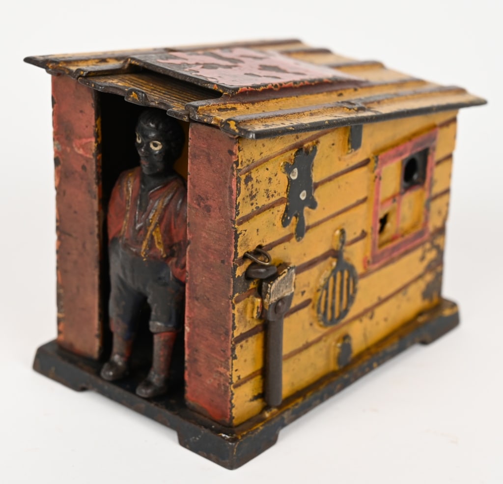 J&E STEVENS CABIN MECHANICAL BANK: Cabin cast iron mechanical bank with good original paint.. May clean to a higher grade .No cracks ore repairs. Works properly. 4" Very Good-Excellent