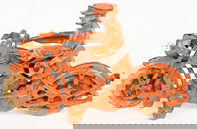 HUBELY CAST IRON MOTORCYCLE w/ ELECTRIC HEADLIGHT: very clean Hubley Motorcycle with Electric Headlight. Very desirable orange color. All original with nice paint. No breaks or repairs. Light works. 6" Excellent