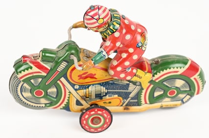 JAPAN TIN WINDUP CLOWN ON MOTORCYCLE