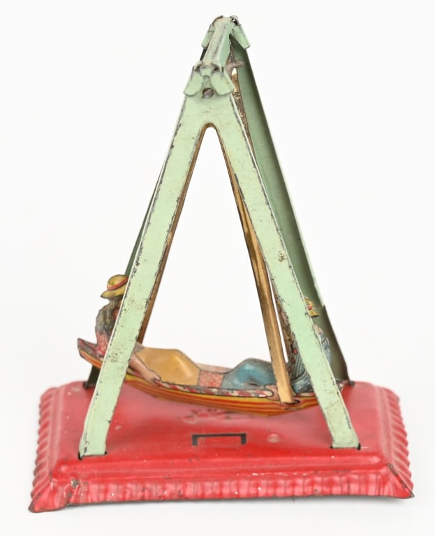 GERMAN PENNY TOY BOY & GIRL ON SWING: Beautiful German Penny Toy Boy and Girl on Swing. Great colors and details. 3" Excellent