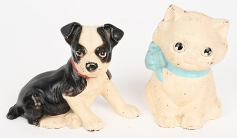 HUBLEY CAT w/ RIBBON & TERRIER DOG STILL BANKS