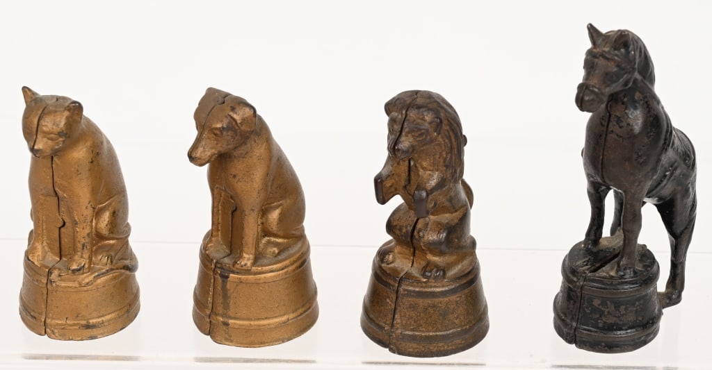 4- ANIMALS ON TUBS STILL BANKS: Includes Dog, Horse, Lion, and Cat on Tubs. All in original condition. Largest 5 1/4" Very Good-Excellent