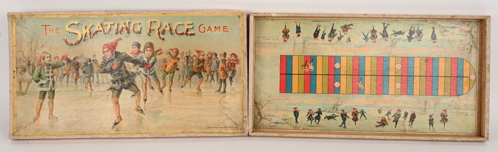 1898 THE SKATING RACE GAME: 1898 Chaffee & Selchow. Very nice game with wonderful graphics. Lid is in very nice condition. Game board is colorful with nice graphics. 19 1/2" Excellent