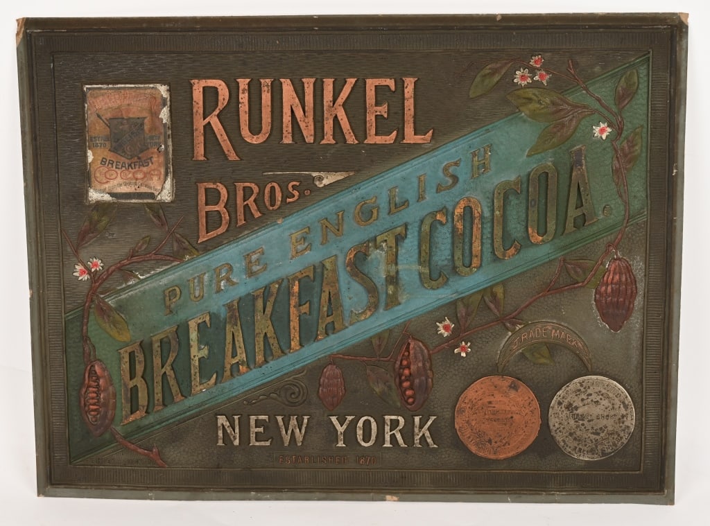 RUNKEL COCOA SIGN: Original Runkel Cocoa Sign. made by Eureka Sign Co. Has great 3D effect. very nice image. Has minor wear. 22 1/2"x17" Excellent