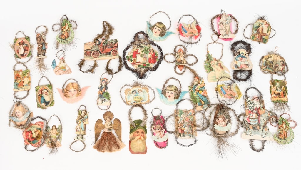 30- DIECUT SCRAP & TINSEL CHRISTMAS ORNAMENTS: Lot of 30 Victorian Diecut Scrap and Tinsel Ornaments. Some wonderful examples.