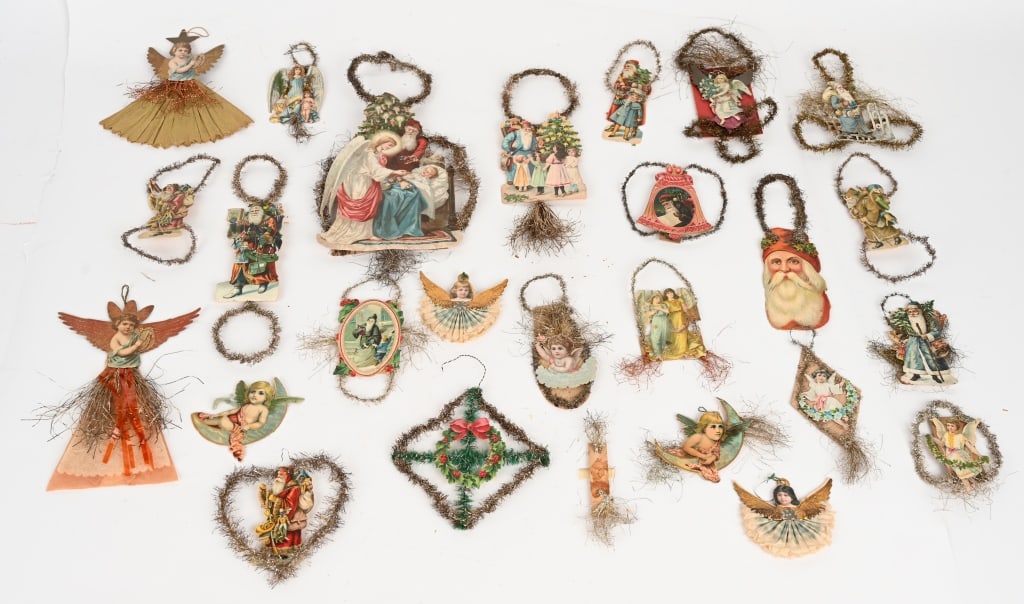 30- DIECUT SCRAP & TINSEL CHRISTMAS ORNAMENTS: Lot of 30 Victorian Diecut Scrap and Tinsel Ornaments. Some wonderful examples.